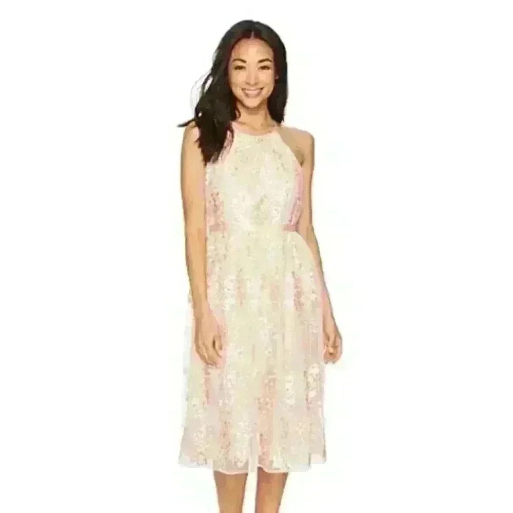Maggy London Trailing Daisy Lace Midi‎ Dress – Blush/Cream, Size 4